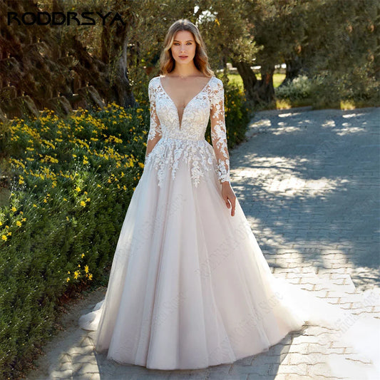 Princess Light Champagne Wedding Dresses Long Sleeves Backless A-Line Bride Gowns Applique Tulle vestidos de novia-payinti