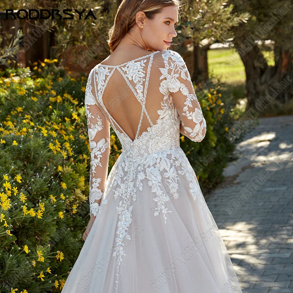 Princess Light Champagne Wedding Dresses Long Sleeves Backless A-Line Bride Gowns Applique Tulle vestidos de novia-payinti