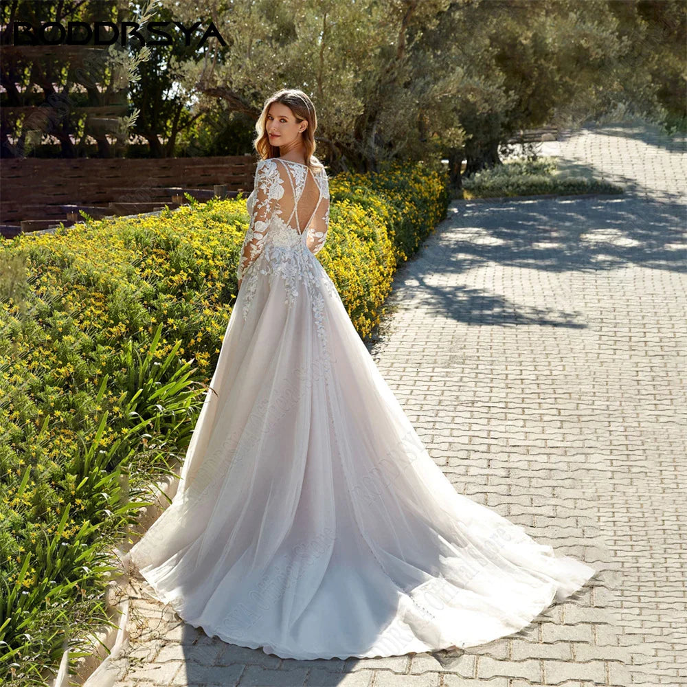 Princess Light Champagne Wedding Dresses Long Sleeves Backless A-Line Bride Gowns Applique Tulle vestidos de novia-payinti