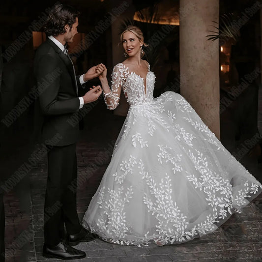 Sexy Backless Wedding Dresses New 2023 Long Sleeves Bride Gowns V-Neck A-Line Lace Applique Tulle vestidos de novia-payinti