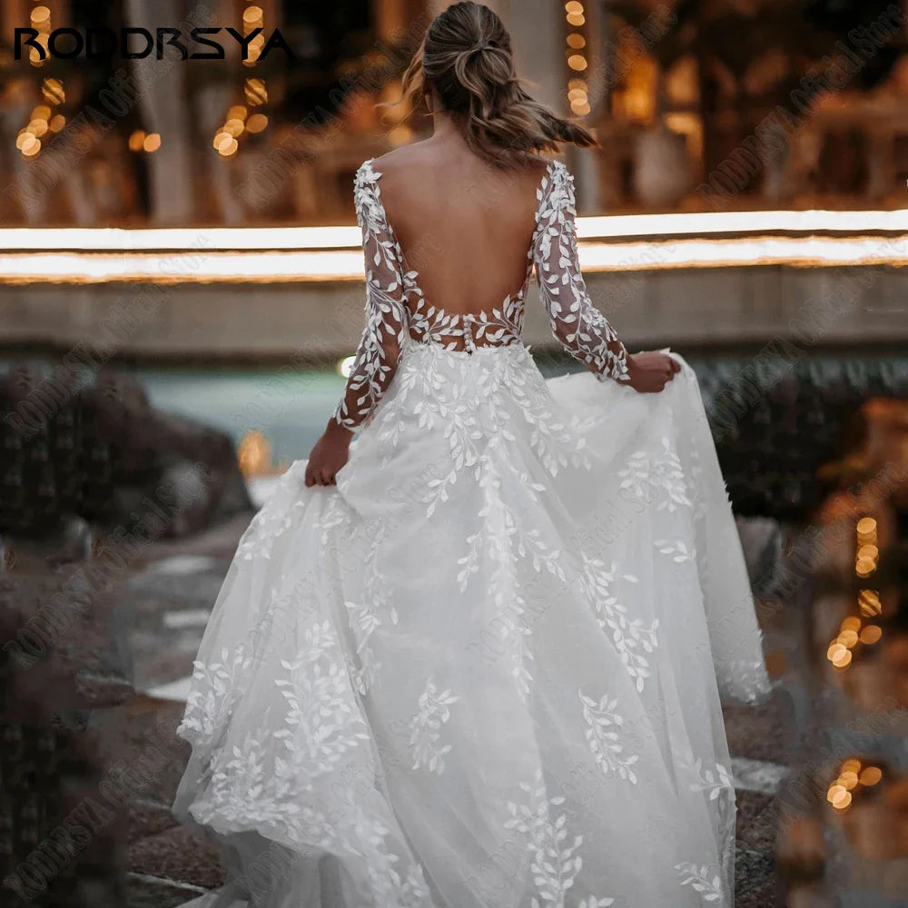 Sexy Backless Wedding Dresses New 2023 Long Sleeves Bride Gowns V-Neck A-Line Lace Applique Tulle vestidos de novia-payinti