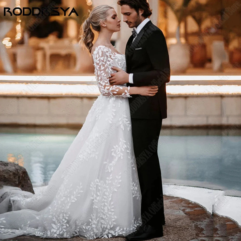 Sexy Backless Wedding Dresses New 2023 Long Sleeves Bride Gowns V-Neck A-Line Lace Applique Tulle vestidos de novia-payinti
