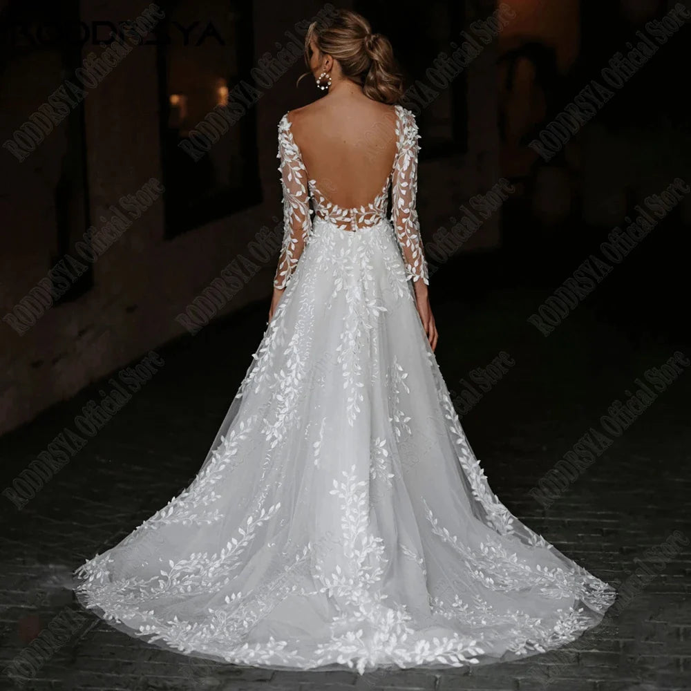 Sexy Backless Wedding Dresses New 2023 Long Sleeves Bride Gowns V-Neck A-Line Lace Applique Tulle vestidos de novia-payinti