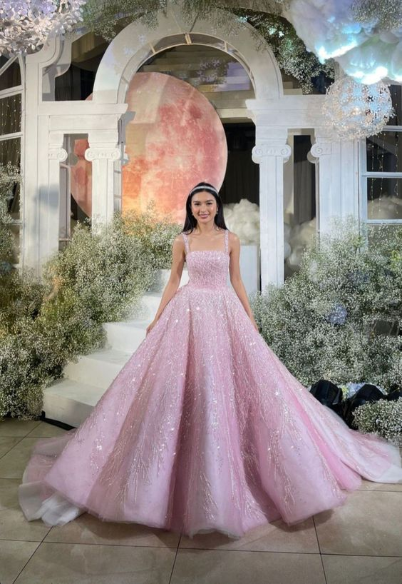 Neue Ankunft Rosa Träger Pailletten Perlen Lange Ballkleid Formale Anlass Kleider Y4918