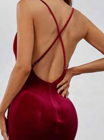 Sexy Rote Spaghettiträger Roter Samt Abendkleid Meerjungfrau Ballkleid Y7816