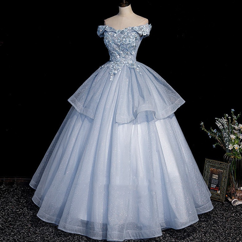 Blau Tüll Spitze lange Ballkleid Abendkleider Y4208