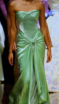 Vestido de fiesta elegante de satén y terciopelo verde, sin tirantes, Y7725