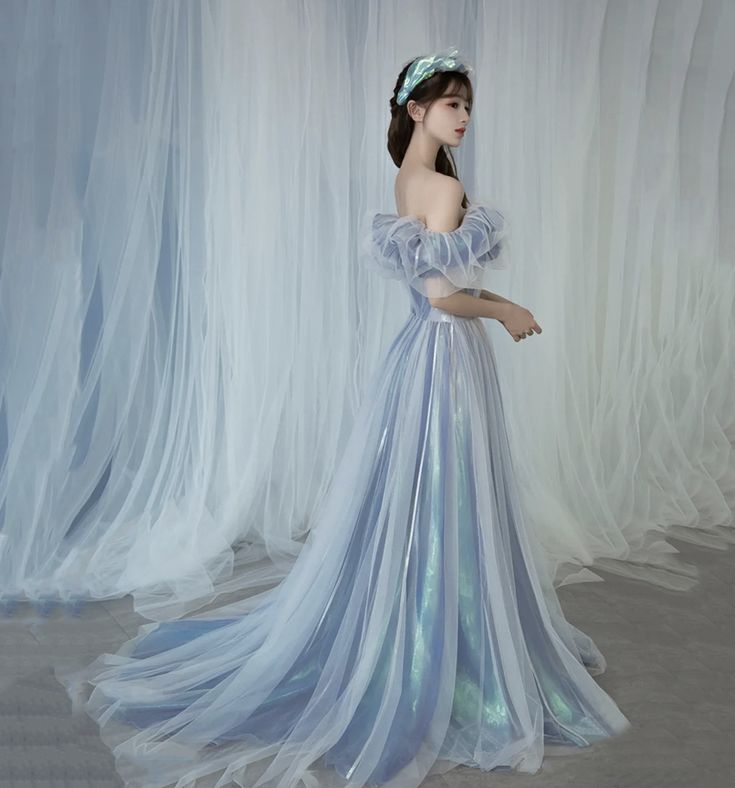 Vestido de fiesta romántico de tul largo en forma de A, vestido de noche azul Y6572