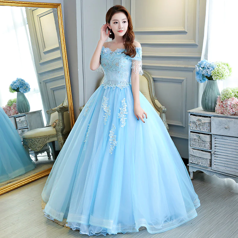 Lujoso vestido de princesa azul claro con hombros descubiertos Y309