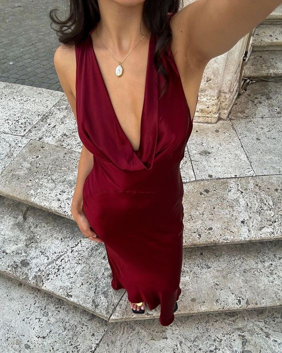 Vestido de fiesta de satén burdeos con escote en V profundo, vestido de noche sexy Y7785