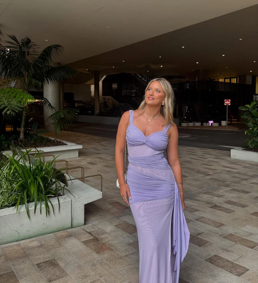 Elegantes lavendelfarbenes Chiffon-Plissee-Ballkleid mit Schlitz und Etuikleid Y8063