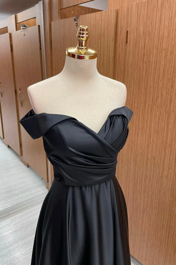 Schulterfreies schwarzes Satin-Langes Ballkleid, langes schwarzes formelles Abschluss-Abendkleid Y201