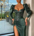 Langen Ärmeln Pailletten Meerjungfrau Abendkleider Schatz Vestidos Formales Side Split Y5032