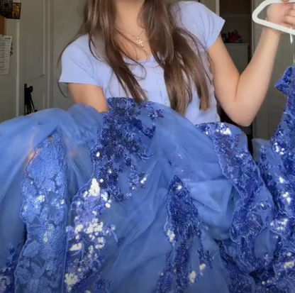 Funkelndes blaues Tüll-Pailletten-Abendkleid mit mehreren Lagen, formelles Ballkleid mit Schlitz, Y7961