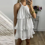 Vestido corto de fiesta con capas y cuello halter de organza azul sencillo, vestido de regreso a casa Y8089