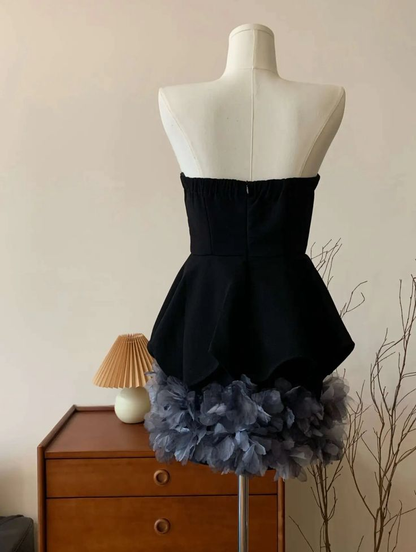 Vestido de cóctel negro sin tirantes de tul con estampado floral 3D, vestido de fiesta sin tirantes Y8105