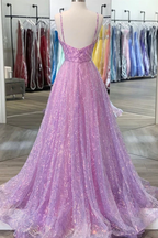 Glänzendes, rückenfreies, langes, lila Ballkleid mit V-Ausschnitt, rückenfreies, lila Abendkleid für den Abschluss Y917
