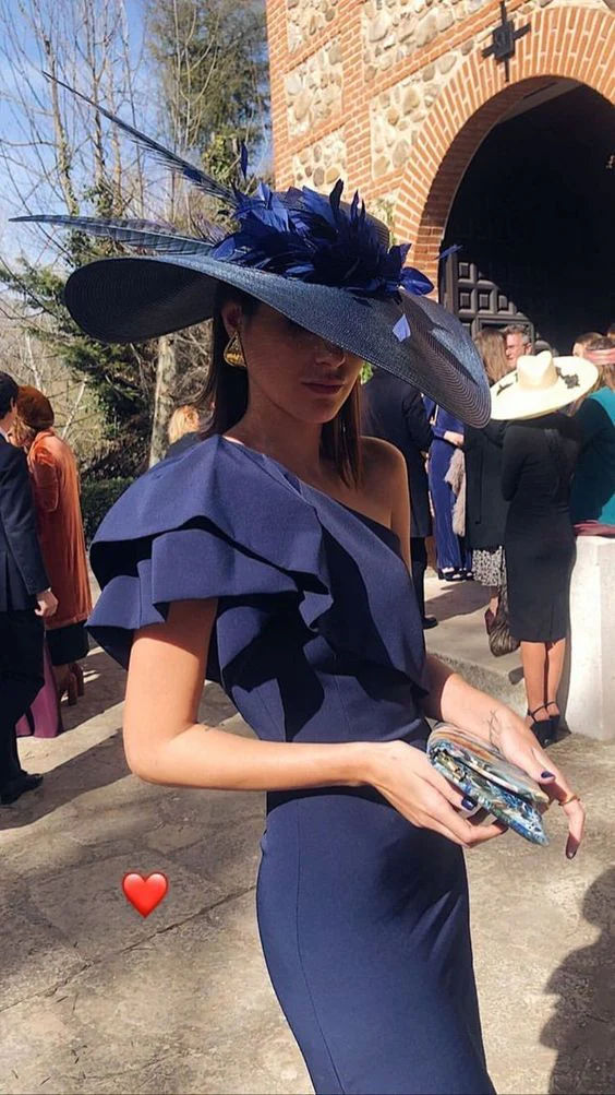 Vestido de fiesta azul marino con volantes y un hombro descubierto, vestido de noche de moda Y5870