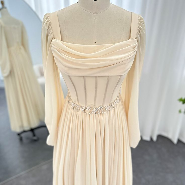 Vestido de noche árabe midi corto beige con cinturón, manga larga, largo hasta la rodilla, para mujer, vestido formal de boda Y4847