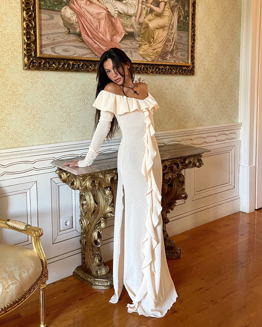 Elegantes schulterfreies, cremefarbenes, langes Ballkleid mit Schlitz und Rüschen, Party- und Abendkleid Y7975