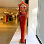 Elegante vestido de noche largo de terciopelo naranja quemado, vestido de desfile Y991