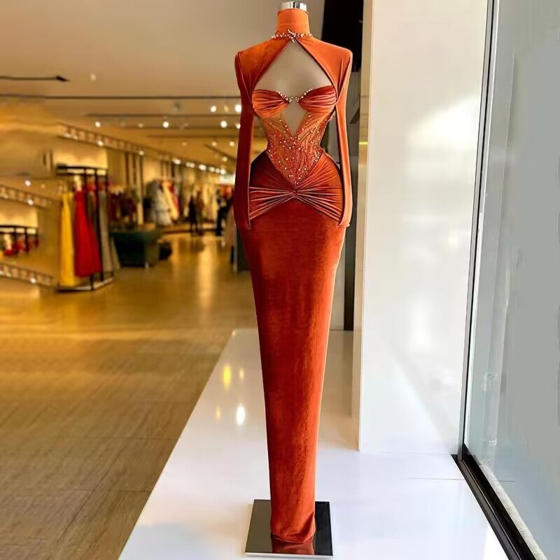 Elegante vestido de noche largo de terciopelo naranja quemado, vestido de desfile Y991