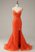 Vestido de fiesta de sirena con tirantes finos en color naranja, vestido de noche encantador Y1760