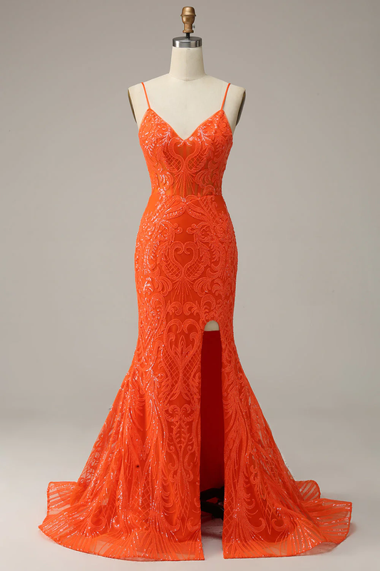 Orange Spaghettiträger Meerjungfrau Ballkleid, Charmantes Abendkleid Y1760
