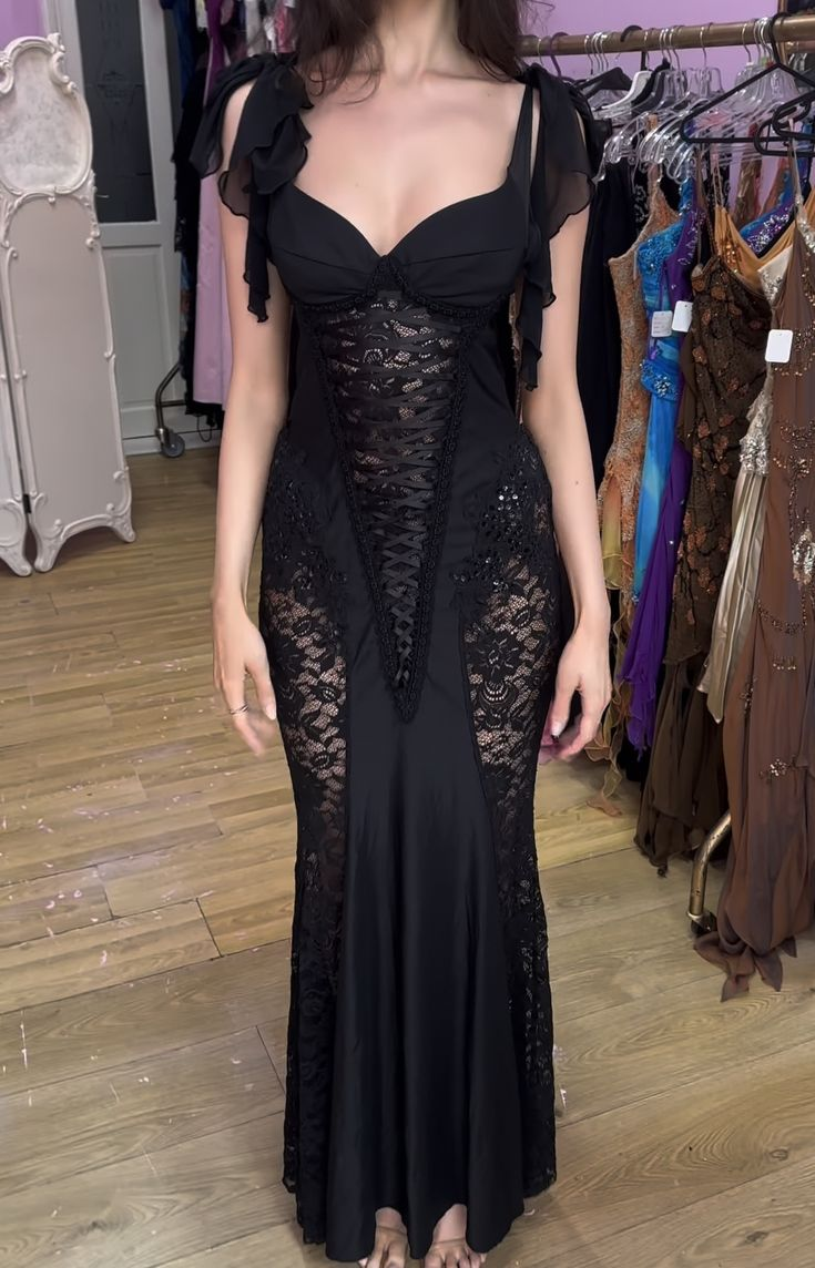 Vestido de noche largo de sirena con encaje negro sexy Y7821