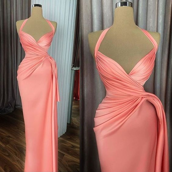 Vestido de fiesta color melocotón, plisado, halter, de satén, Y6619