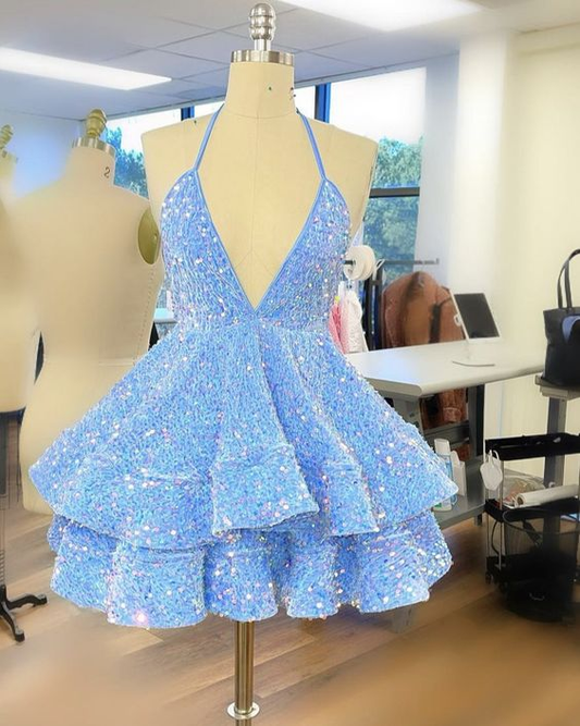 Blaues kurzes Partykleid mit Pailletten, Heimkehrkleid Y1408