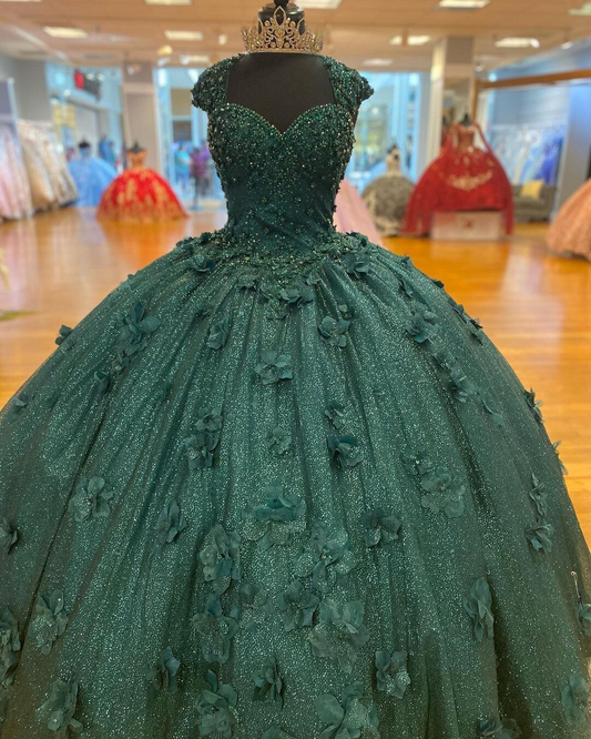 Green Princess Ball Gown Quinceanera Dresses Sweet 15 Party 3D Flowers Lace Applique Crystal Beads Sequin Birthday Gowns Y606