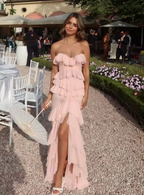 Vestido de noche con volantes de gasa rosa, encantador, con capas y corte sirena, para fiesta de graduación Y8006