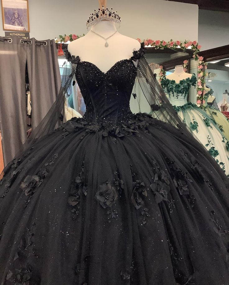 Schwarzes Ballkleid Quinceanera-Kleid mit Blumen, Sweet 16-Kleider Y5753