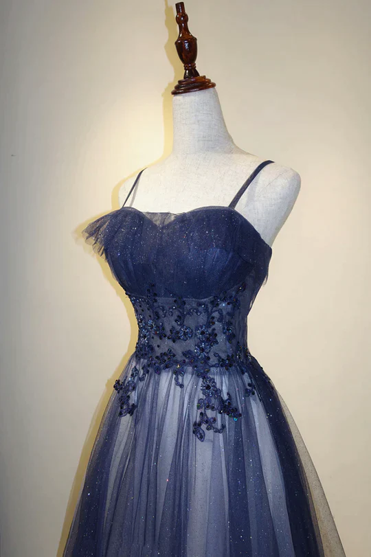 Elegantes langes Abendkleid mit Farbverlauf und Tüllträgern, A-Linie Tüll Ballkleid Y1807