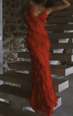 Vestido largo formal de fiesta con volantes rojos, elegante vestido de noche Y7979