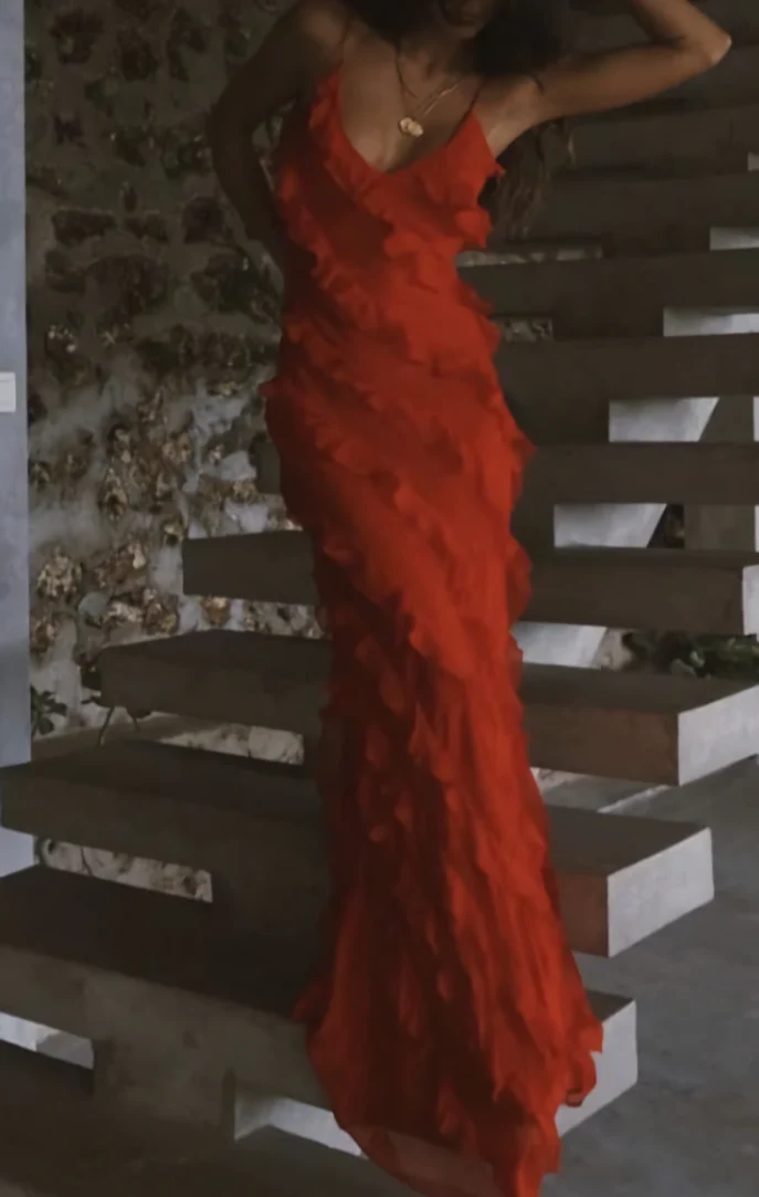 Vestido largo formal de fiesta con volantes rojos, elegante vestido de noche Y7979