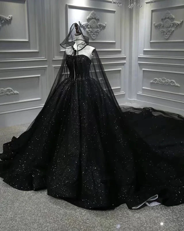 Vestido de fiesta princesa negro sin tirantes y brillante con lentejuelas Y56