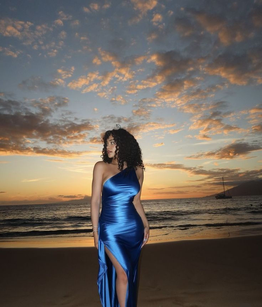 Hübsches blaues One-Shoulder-Etuikleid mit Seitenschlitz, Abendkleid Y8150