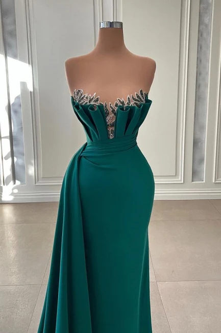 Elegante vestido de fiesta largo de sirena sin tirantes verde oscuro Y1920
