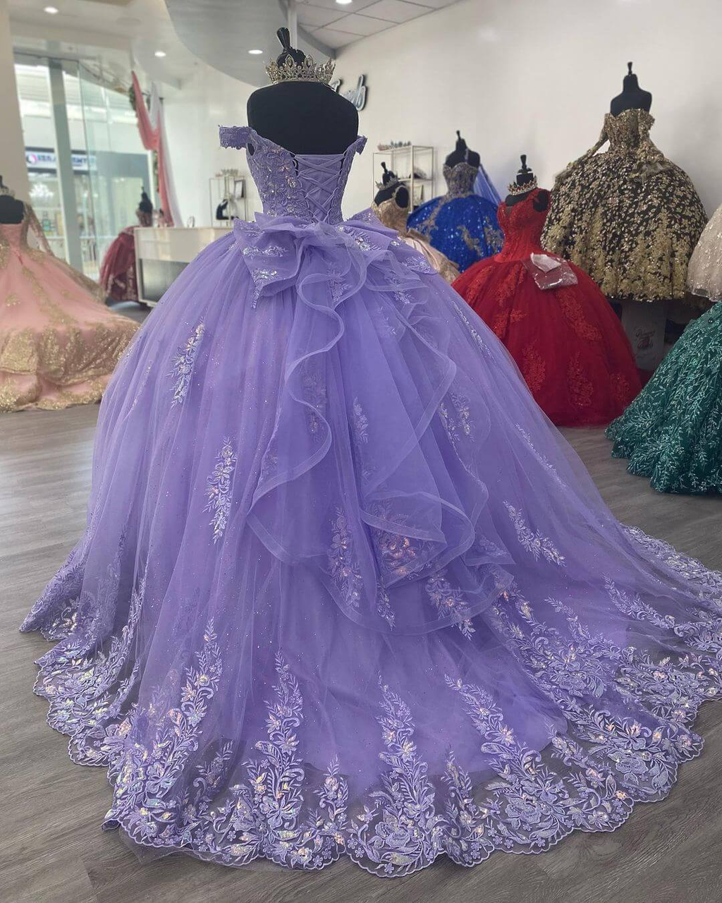 Lila Korsett mexikanisches Quinceanera-Kleid Ballkleid, Applikationen Spitze Geburtstagskleid Y1476
