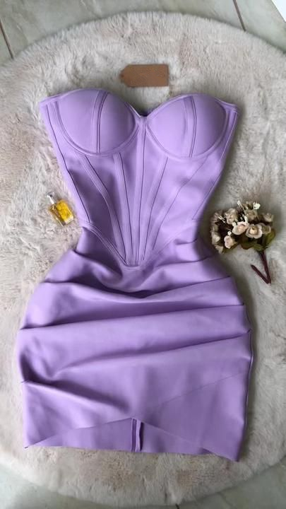 Vestido ajustado fruncido sin tirantes color violeta, minivestido de fiesta Y4367