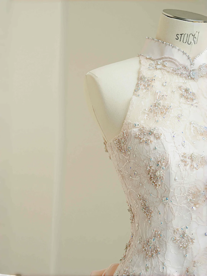 Elegante vestido de noche de satén rosa claro con encaje, lentejuelas y cuentas, corte sirena, vestido de fiesta Y8672