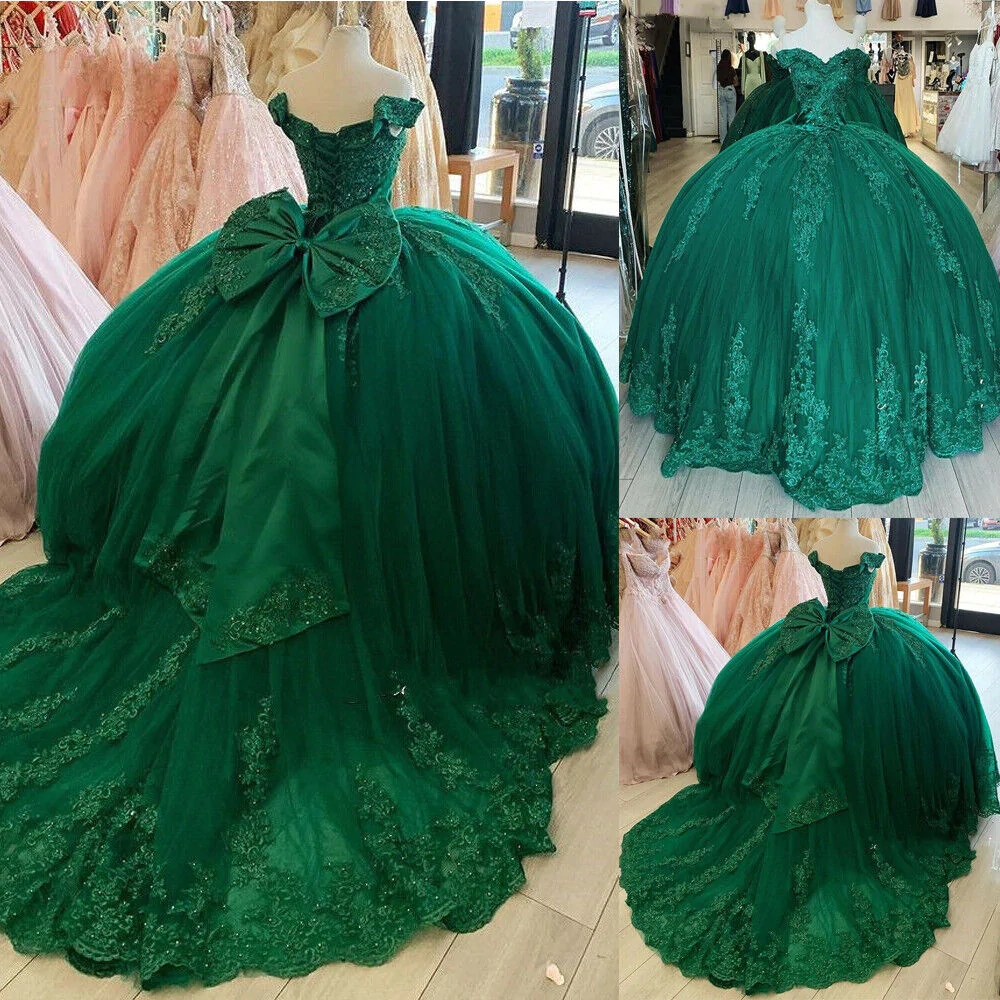 Vestido de quinceañera de tul con encaje y hombros descubiertos, vestido de baile con apliques verde oscuro Y4080