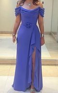 Lavendel Side Split Mutter der Braut Kleider Plissee Hochzeit Gast Kleid Off Schulter Ausschnitt Chiffon A Linie Abendkleid Y6050