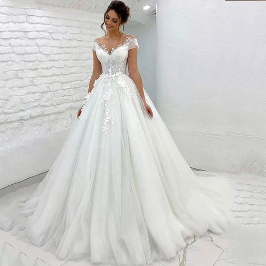 Ramanda Elegant V-Neck Sleeveless Wedding Dress For Bride 2023 A-Line Floral Lace Appliques Buttons Back Vestido De Novia-payinti