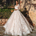 Ramanda Exquisite Lace Appliques Ball Gown Long Sleeves Wedding Dress For Bride Buttons Illusion Back Court Train Bridal Gown-payinti
