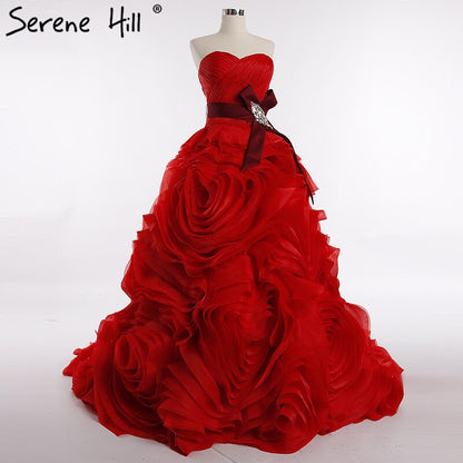 Foto real 2025 Diseño de marca Robe De Mariage Vestido de novia con volantes y cuentas de cristal Borgoña Vestido de novia HM6681