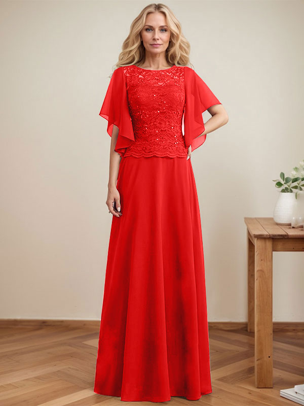Vestido de gasa con encaje y lentejuelas para madre de la novia, corte A, escote ilusión, largo hasta el suelo