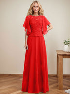 Vestido de gasa con encaje y lentejuelas para madre de la novia, corte A, escote ilusión, largo hasta el suelo